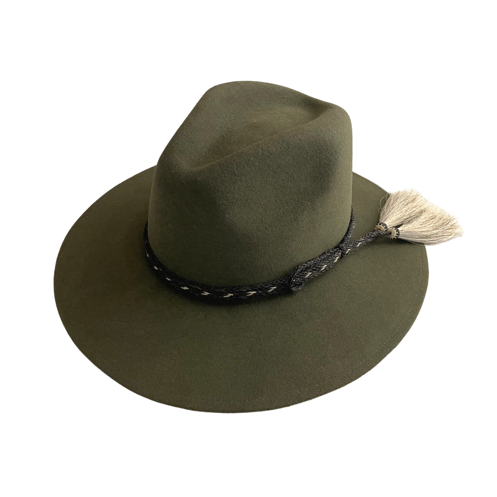 Sombrero verde de lana boliviana con toquilla de pelo de caballo