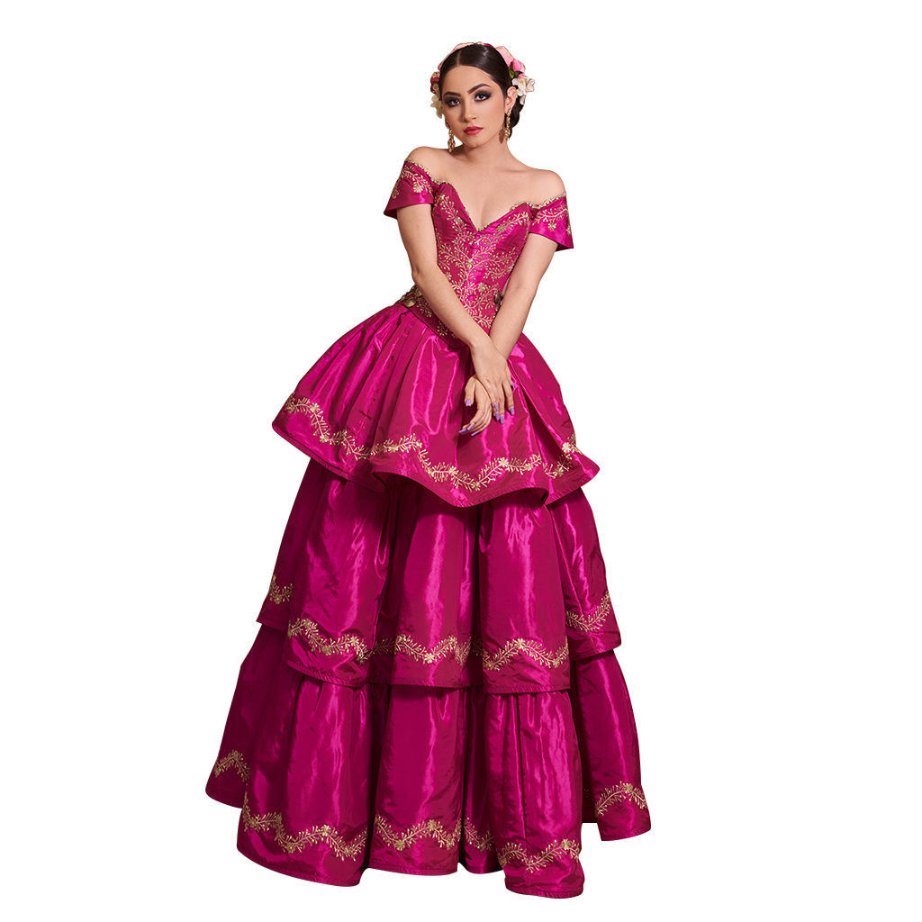 Vestido rosa mexicano bordado en oro - 0