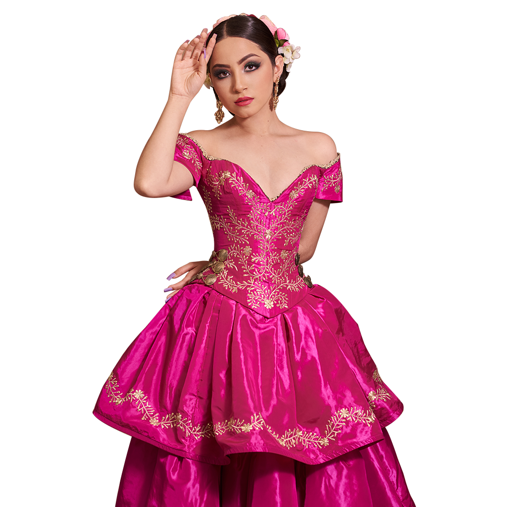 Vestido rosa mexicano bordado en oro