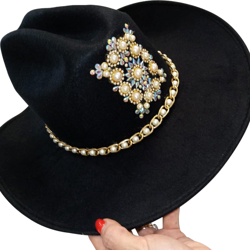 Sombrero vaquero de gamuza negra con pedrería - 0